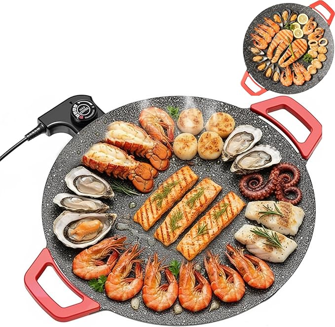 Indoor Smokeless Electric Griddle,Comales Para Tortillas Electricos, Portable Electric Korean Bbq Grill,Round Electric Griddle For Bbq, Tortillas, Steaks, Burgers, Pancakes (11 in)