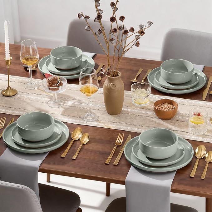 E-far 24-Piece Stoneware Dinnerware Sets, Plates and Bowls Sets for 8, Ceramic Dishware Dishes Set with Terracotta Base, Chip & Scratch Resistant, Microwave & Dishwasher Safe, Speckled Green