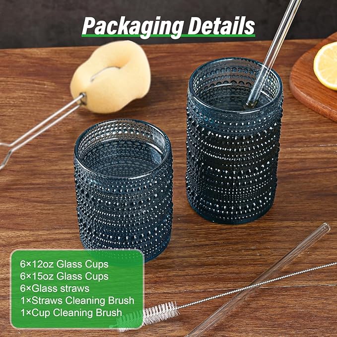 ZMOWIPDL Vintage Glassware Drinking Glasses Set of 12,Blue 12oz & 15oz Hobnail Glass Cups,Embossed Water Tumbler,for Beer,Cocktail,Whiskey,Juice and Various Mixed Drinks- 1 Cleaning Brush
