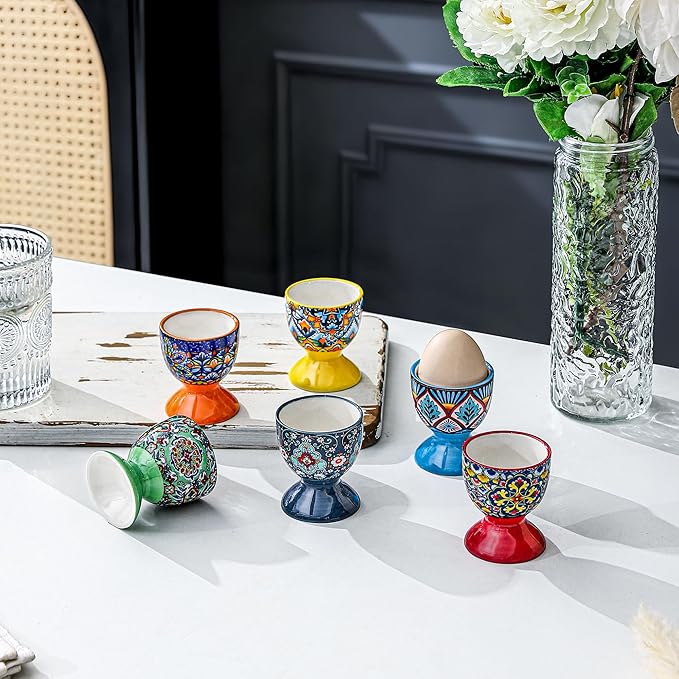 HENXFEN LEAD Boho Ceramic Egg Cups Set of 6 – Colorful Egg Holders for Soft & Hard Boiled Eggs, Microwave & Dishwasher Safe, Perfect for Breakfast & Easter