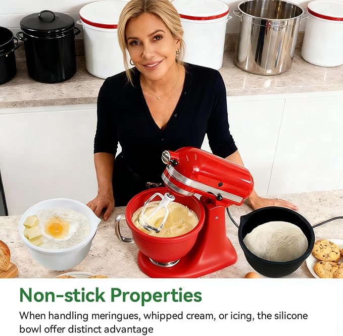 1PCS Silicone Bowl Liners with Lids,5Qt Tilt-Head Silicone Liners for Kitchenaid Stand Mixer,Odourless,Thicker, Cold/Heat-Resistant & Non-Stick, Easy Clean(Red)(with Oven mitts)