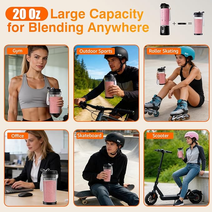 Cordless Portable Personal Size Blender - 20oz Mini Blender for Smoothies and Shakes, BAP Free Juice Cup With Leak-proof Travel Lid, Type-C Rechargeable Freshly Squeezed in Picnic/Office/Gym