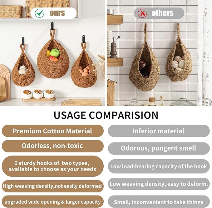 Boho Wall Hanging Fruit Baskets for Kitchen 3 Pack Woven Produce Holder with 6 Pcs Strong Hooks Vegetable Hanging Basket for Organizing Teardrop Home Wall Potato Onion Storage, Caramel