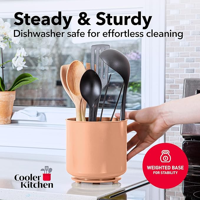 Cooler Kitchen Jumbo Rotating XL Peach Plastic Utensil Holder Caddy with Sturdy No-Tip Weighted Base, Removable Divider, and Gripped Insert - Dishwasher Safe Kitchen Utensil Holder for Countertop