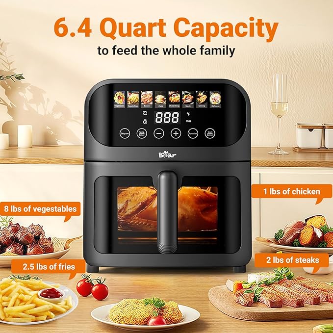 Bear Air Fryer, Stainless Steel Airfryer 8 Presets for Fast Family Meals, 6.4Qt Large Visible Window Temp Timer Adjustable Roast Bake Crisp French Fries Steak, Non Stick Basket Dishwasher Safe