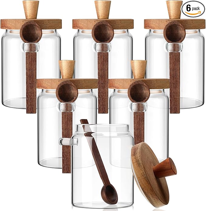 Remerry Set of 6 Glass Jar with Wooden Lid and Spoon, Clear Airtight Spice Canisters Glass Food Storage Kitchen Containers Set for Coffee Bean Tea Sugar (20 oz)