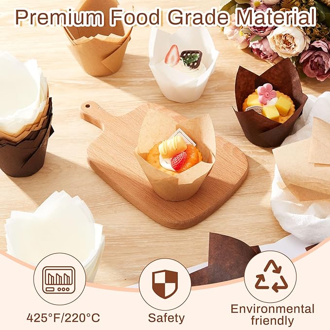 Motiskyy 300 Pcs Jumbo Muffin Liners for Baking 2-1/4" x 4" Large Tulip Cupcake Liners Greaseproof Cupcake Wrapper Paper for Weddings Birthday Christmas Anniversaries Party (Light Brown,White,Brown)