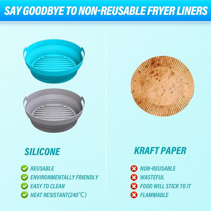 2Pcs Air Fryer Silicone Liners with Divider Trays, silicone Non-Stick Air Fryer Basket Bowl, Collapsible Pot Oven Liner Backing Tray, Air Fryer Inserts Used for Kitchen Oven (Gray & Blue)