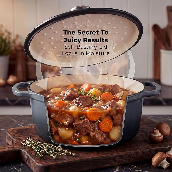 Zulay Kitchen 5 Quart Enameled Cast Iron Dutch Oven Pot with Lid – Premium Durability & Oven Safe up to 500°F – Heavy Duty Cookware Perfect for Bread Baking, Stews, Braising & Roasting – Gray