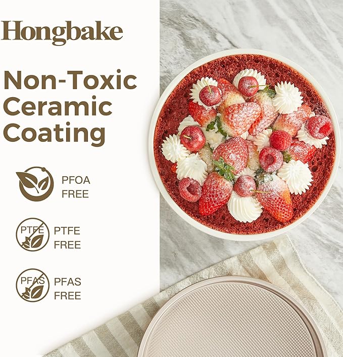 HONGBAKE Nonstick Ceramic 9 Inch Round Cake Pan Set of 2, Heavy-Duty Aluminized Steel round cake pans with Diamond Texture, Non-Toxic Cake Molds, Cake Pans Sets for Baking Cheesecake, Cream, Gold