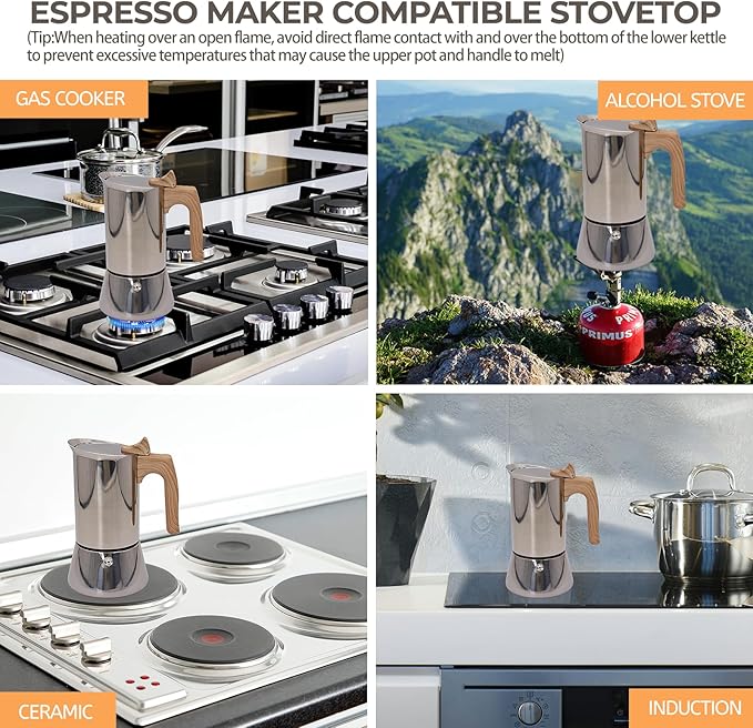 Uncoated 12 Cup Moka Pot 304 Thickened Stainless Steel Coffee Maker Stovetop Espresso Coffeemaker Italian Classic Style Brewing Greca Cafe Mocha Machine for Cafeteras Camping Travel Home 600ml 20oz