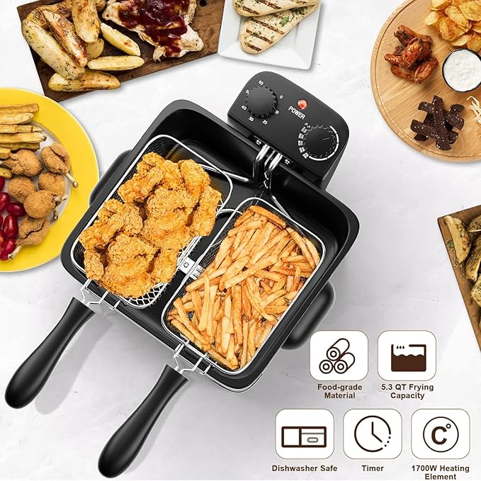 Deep Fryers with Triple Baskets - Simoe 5.3QT/21 Cup Electric Large Fryer, Friteuse 1700W Stainless Steel Deep Fryer with Lid, Adjustable Temperature & Timer & View Window, Professional Grade
