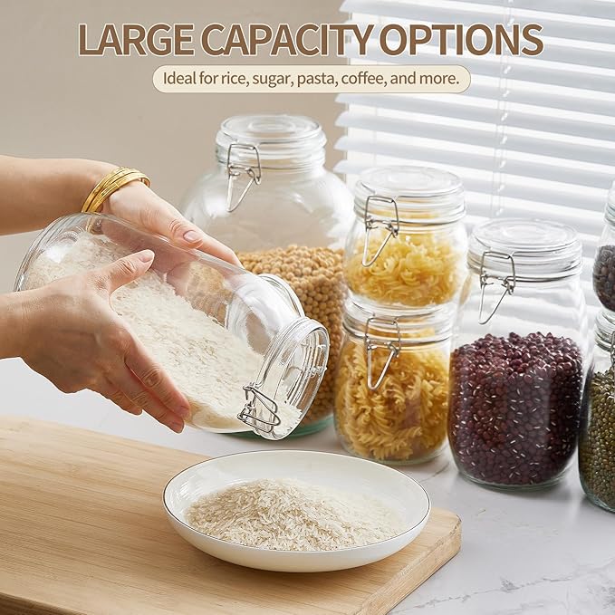 ODBCYWM 68oz Glass Food Storage Jars with Airtight Lids, Set of 3 – Clear Preserving Seal Wire Clip Fastening Canisters for Kitchen Canning, Flour, Cereal, Pasta, Sugar, Beans, Pickling Jars (68oz*3)