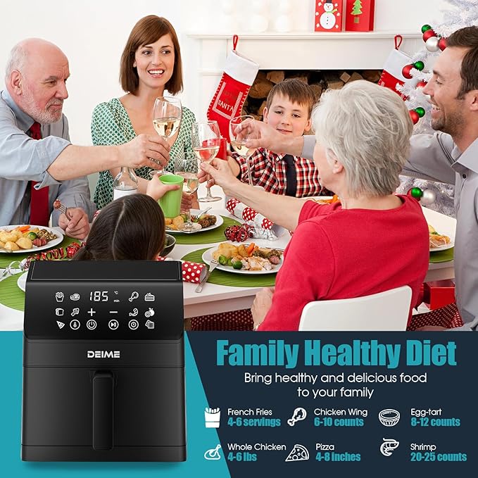 DEIME Air Fryer 6.5 QT 12-in-1 Dual heating for 360° Crispy Meals Large Capacity Oven Air Fryers Healthy Cooker with Fast Cooking with Bake, Roast, Broil, Non-Stick Basket