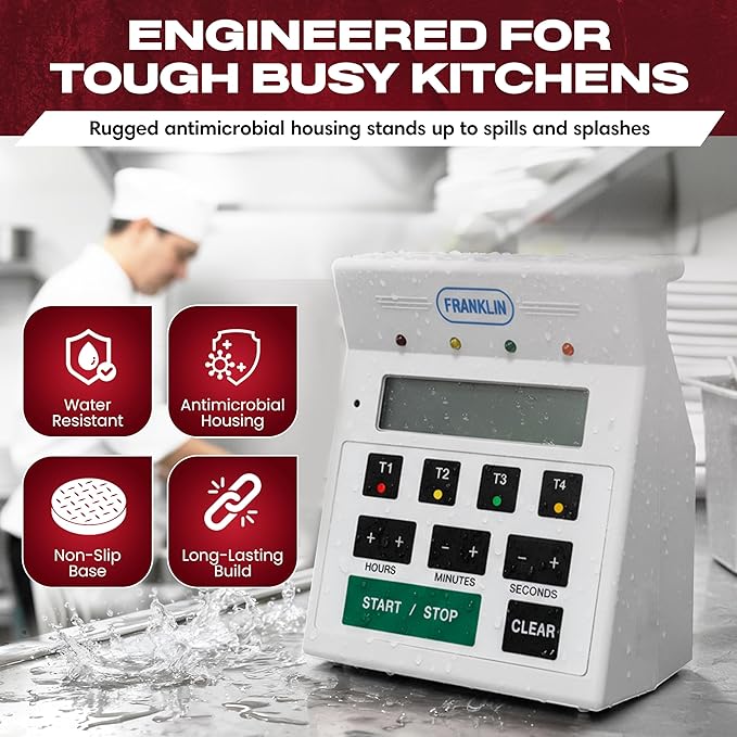 FMP Digital 4 Channel Commercial Kitchen Timer - Battery Operated Digital Countdown Timer for Kitchen, Cooking, Restaurant, Classroom – Water Resistant - 7-Inch, White - 151-7500 by FryOilSaver Co