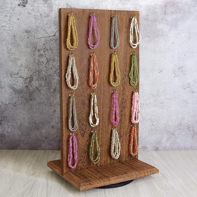 Ikee Design Wooden Rotating Two-Sided Jewelry Display Stand, Rotating Organizer with 32 Hooks for Store, Earring Keychain Display with Hooks, Brown color, 9 W x 7.5 D x 16.5 H in