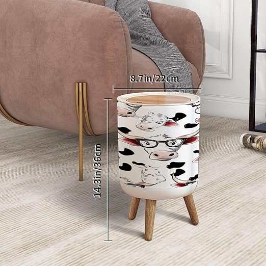 Trash Can with Lid Seamless Pattern Funny White Cow Pretty Cow Bow Press Cover Round Small Garbage Bin with Wooden Legs Waste Basket for Kitchen Bedroom Nursery 7L/1.8 Gallon