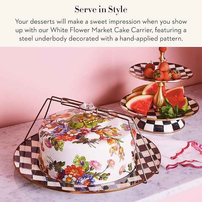 MACKENZIE-CHILDS Cake Carrier, Cake-Dish Serving Platter with Lid and Handles, White Flower Market with Black-and-White Courtly Check