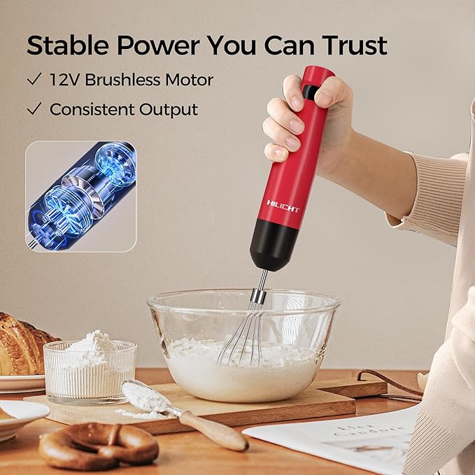 Cordless Hand Blender, 12V Rechargeable Immersion Blender with Brushless Motor, 60+ Bowls per Charge, 2-Blade, Auto Lock, Whisk & Frother for Soup, Smoothies, Baby Food
