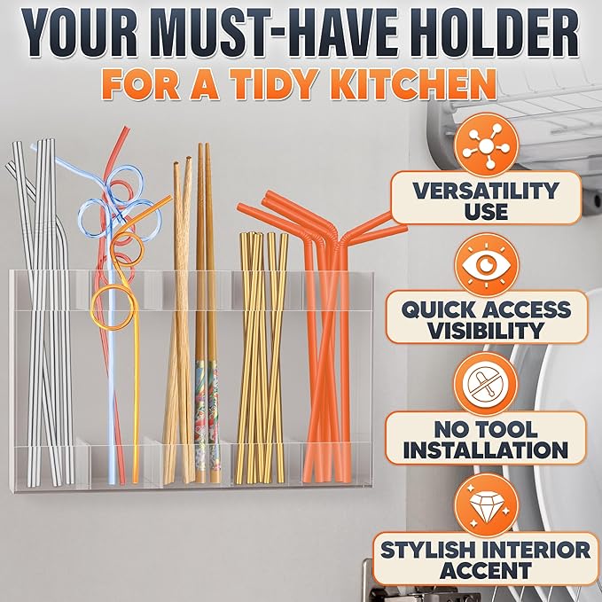 9.5" Large Acrylic Straw Holder for Cabinet Door with Stickers – Peel and Stick Straw Holder for Drawer, for Straws, Makeup Brushes, Kitchen Utensils – Includes Strong Adhesive Tape for Easy Mounting
