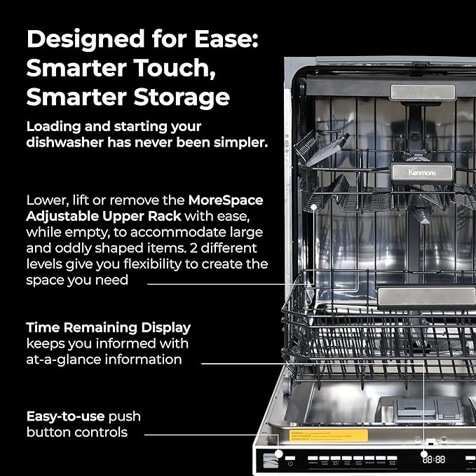 Kenmore 24" Built-In Dishwasher - Quiet Tub with TurboDry, Leak, & SmartWash Soil Detection - 15 Place Settings - 49 DBA - ENERGY STAR Certified - White