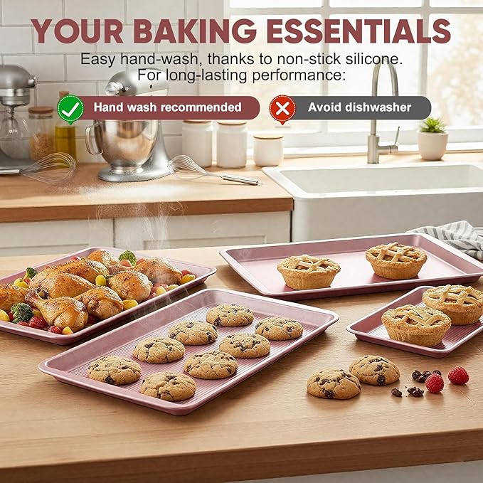 Sakerplus Nonstick Baking Sheet Pan Set of 3, Heavy Duty Cookie Sheets for Oven with Stripe Texture Pattern, 0.6mm Thick Quarter/Half/Jelly Roll Pans, Rust-Resistant & Easy Clean (Pink)