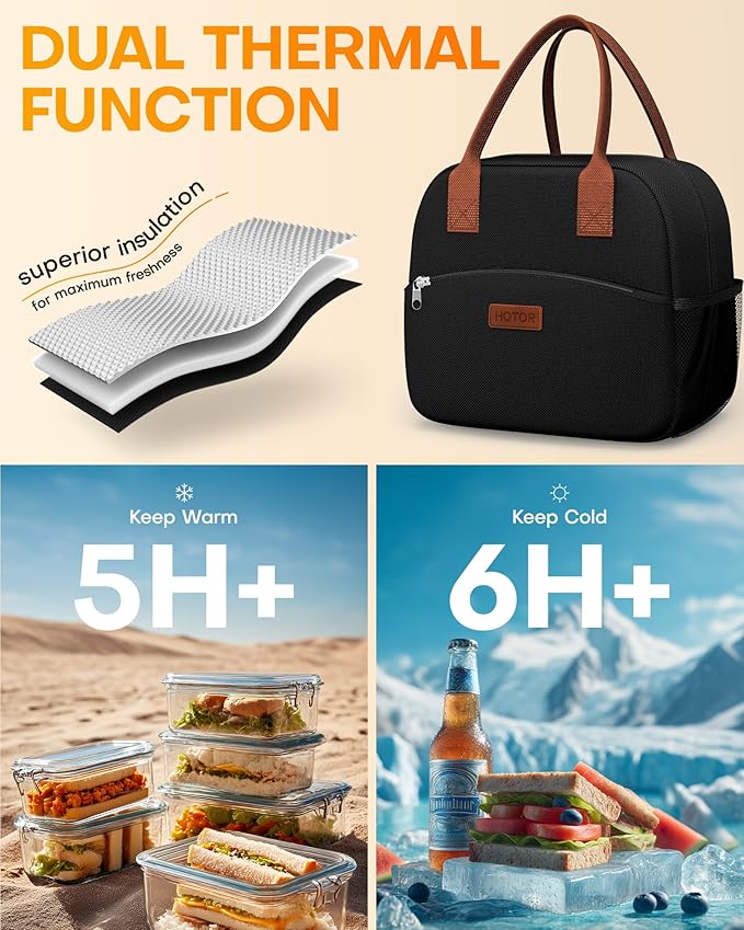 HOTOR Lunch Bag for Women & Men - Wear-Resistant Insulated Lunch Box with Large Capacity, Multi-Functional Cooler Bag for Office, Picnic, Black, 12L, 12.20" x 6.30" x 10.20"