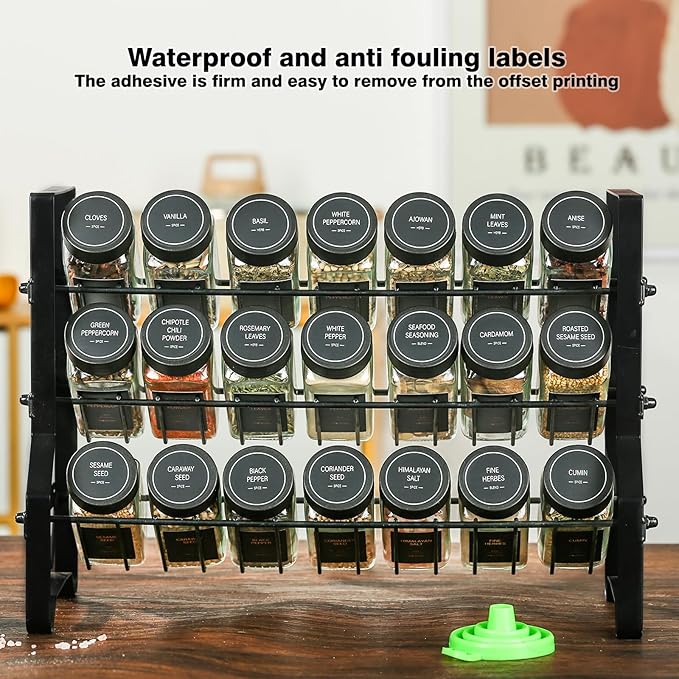 Spice Jars with Label，4oz Glass Spice Bottles With Shaker Lids，Seasoning Containers with Funnel, Chalk Pen for Cabinet，Drawer，Rack (Black, 48)
