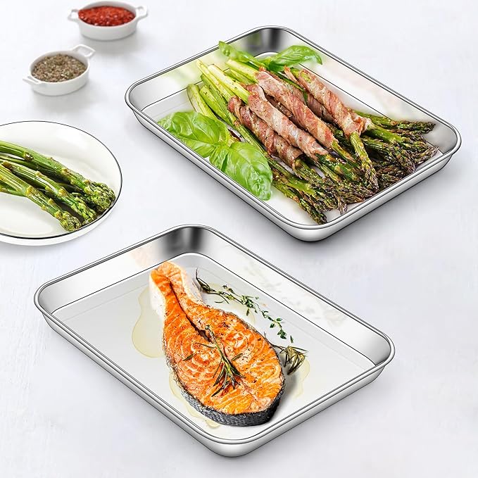Homikit 2 Pack Baking Sheet, 10 x 8 Inch Stainless Steel Cookie Tray Set for Cooking Toasting, Small Metal Toaster Oven Baking Pan Non Stick, Rustproof & Mirror Finish, Dishwasher Safe