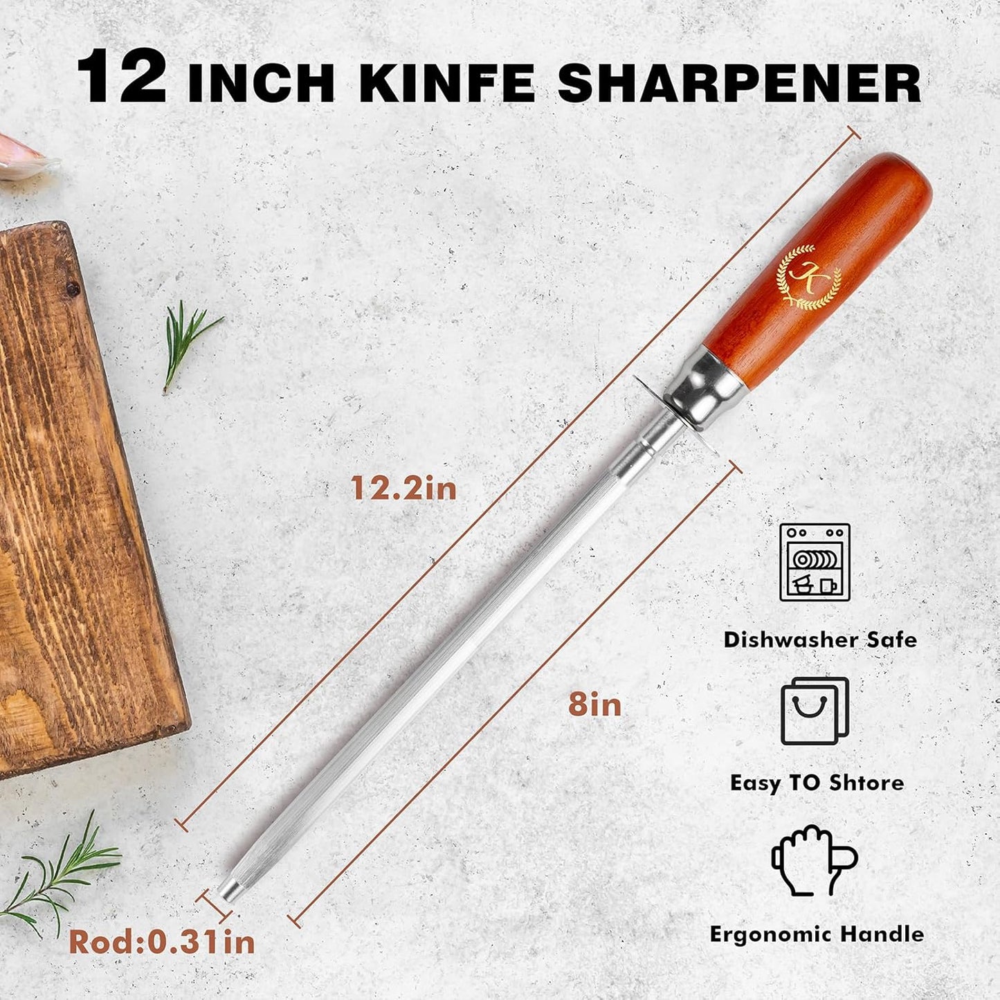 Knife Sharpener Rod, Kitchen Knives Sharpener Carbon Steel Professional Knife Sharpening Steel, Honing Rod with Hanging Holes (13 inches), K
