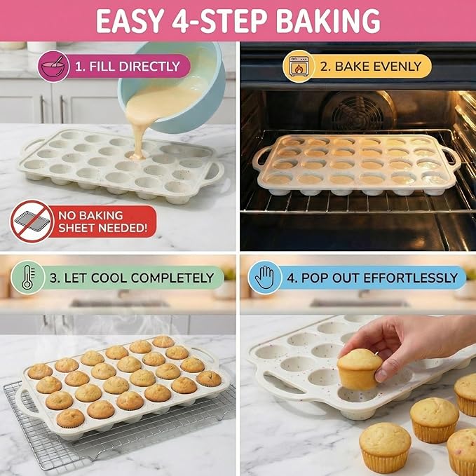2-Pack - Silicone Mini Muffin Pan, – 24-Cup, Nonstick Silicone Muffin Pans for Baking with Metal-Reinforced Handles, – BPA-Free Muffin Tin Tray for Mini Cupcakes & Snacks – Dishwasher Safe, Cream