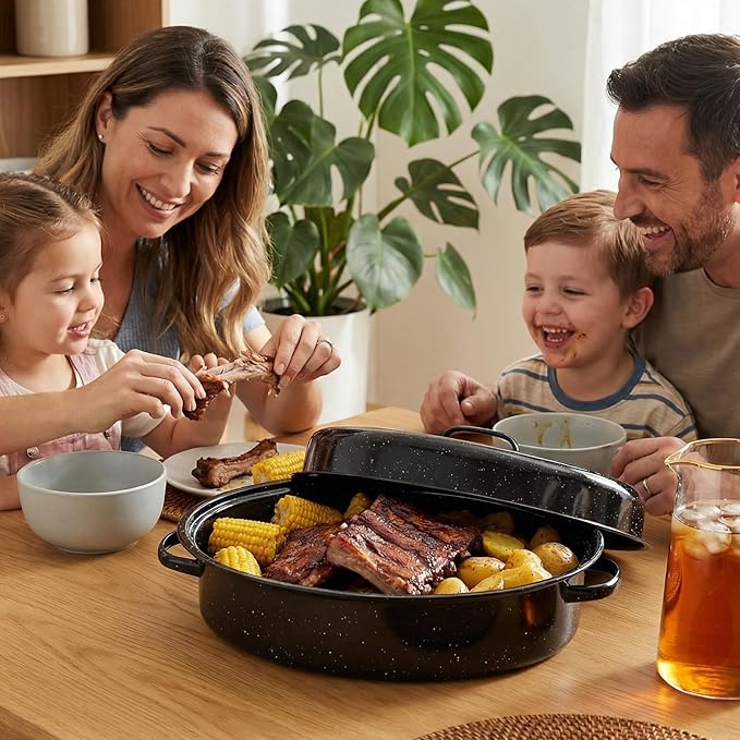 Oval Roasting Pan with Lid and Rack 18" Large Roaster Pan Set Comes With Lron Rack Enamel Cook Ware Dishwasher Compatibility Granite Oven Roaster