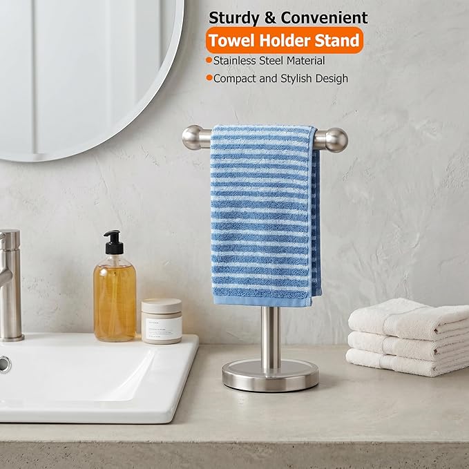 Hand Towel Holder Stand with Heavy Stainless Steel Base, T-Shape Towel Rack, Free-Standing Towel Holder Countertop for Bathroom (Brushed Nickel)