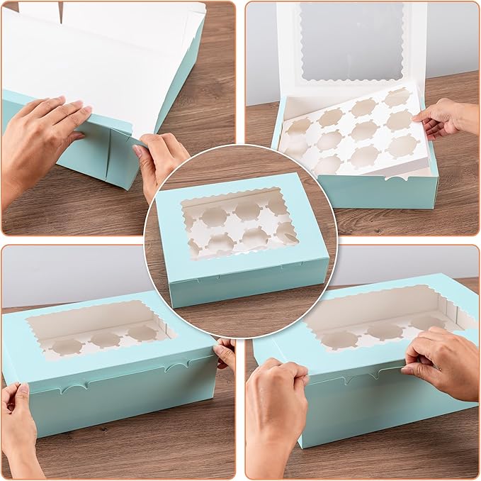 Hoewina 6PCS Cupcake Boxes - Hold 12 Count Cupcake Containers with Window, Food Grade Cupcake Holder Easy Transport and Presentation - Ideal for Cupcakes, Desserts, and More (Baby Blue)