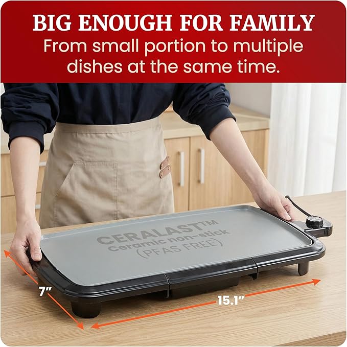 Elite Gourmet 10" x 20", Electric Griddle, Large PFAS-Free Ceralast™ Ceramic Non-Stick Surface Cool-touch Handles, Removable/Adjustable Thermostat, Easy to Clean Removable Grease Tray, Black/Grey