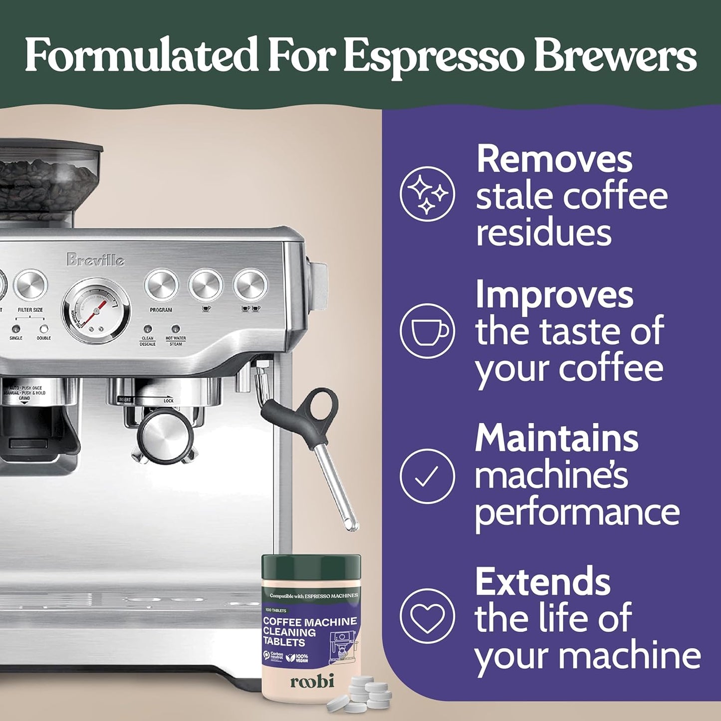 Roobi Espresso Machine Cleaning Tablets. Coffee Machine Cleaner Tabs. 100 Count Carbon Neutral Espresso Clean Pack.