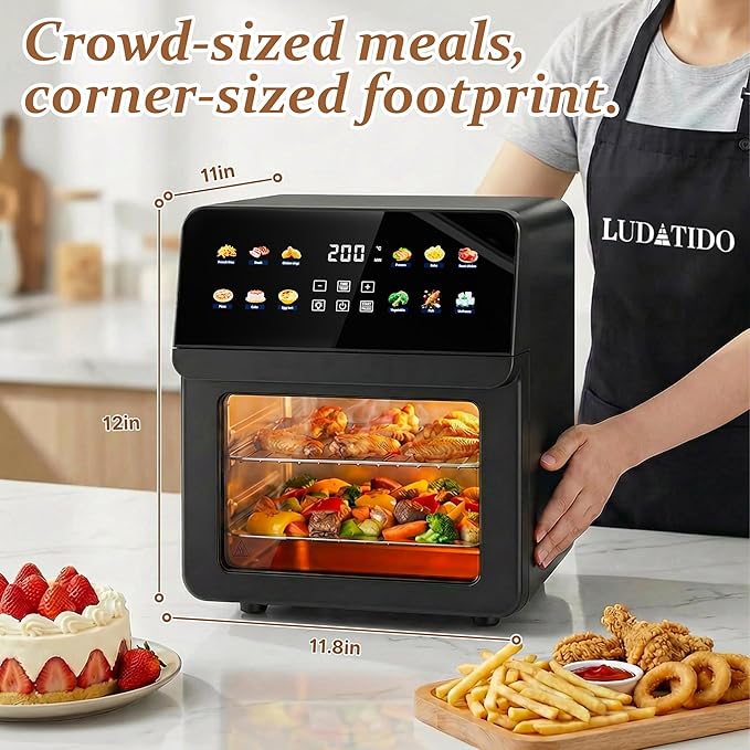 12QT Air Fryer Oven, 8-in-1 Air Fryer Toaster Oven Combo with 8 Presets, Family Size Countertop Oven with 2 Baking Racks & Gloves for Roasting, Baking, and Air Frying, Easy to Clean