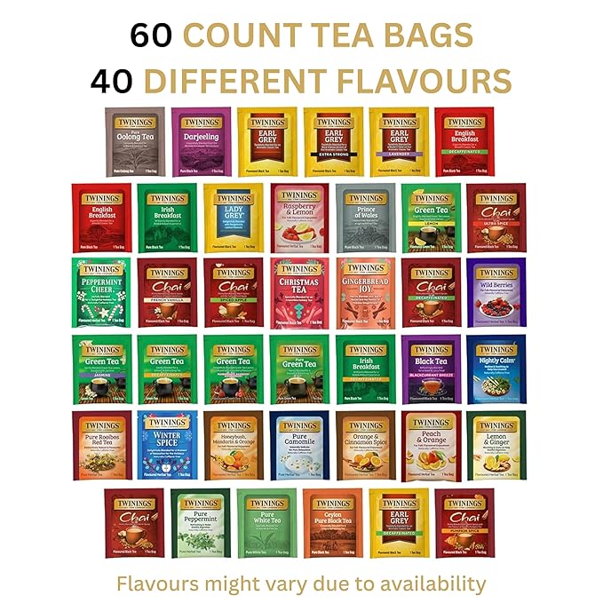 Twinings Tea Bag Sampler Variety with Bamboo Organizer (60 Tea Bags) 40 Different Flavours, Gift for Tea Lovers: Women, Men, Mom, Dad, Family, Friends, Couples