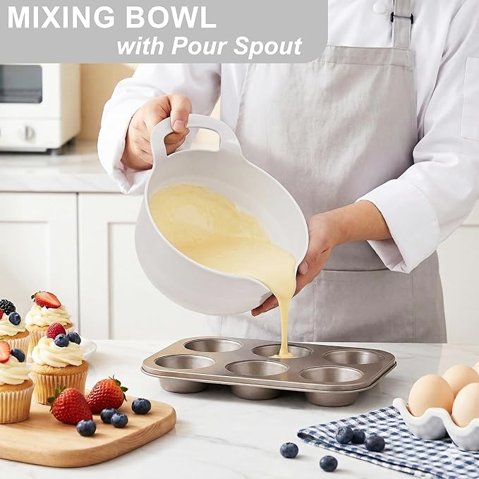 BoxedHome 4 Pack Nesting Mixing Bowl with Pour Spout and Handle, BPA free Microwave & Dishwasher Safe(Grey, 4 Pack with Handle)