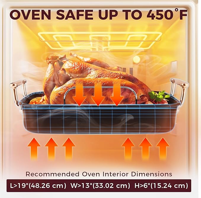 HONGBAKE Roasting Pan with Rack, 17.6×11 Inch Nonstick Roaster Pan for 17 lb Turkey, Chicken and Lasagna, Deep Turkey Pan for Oven, Heavy Duty Oven Roaster Tray, Wider Handles, Gray