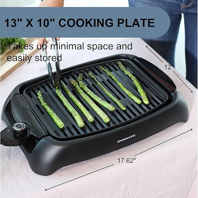OVENTE Electric Indoor Grill with 13x10 Inch Non-Stick Cooking Surface, 1000W Fast Heat Up Power, Adjustable Temperature, Removable and Dishwasher Safe Grilling Plate and Drip Tray, Black GD1632NLB