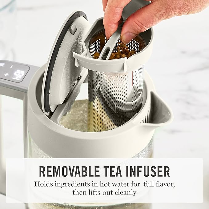Martha Stewart  Electric Kettle with Removable Stainless Steel Tea Infuser, Glass Carafe 1.7L (7 Cups), Hot Water Boiler, 4 Presets, Keep Warm & Auto Shut-Off, Cordless 360° Swivel Base, Linen White