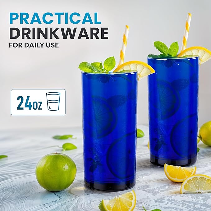 Zulay Kitchen Plastic Drinking Glasses (Set of 6) – 24oz Acrylic Shatterproof Water Cups for Home, Kitchen & Outdoors – Cobalt Blue Glass Look – BPA & Lead-Free – Top-Rack Dishwasher Safe