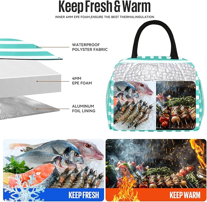 douyadady Lunch Bag Women/Men Lunch Box Women/Men (Baby blue+White Stripes)