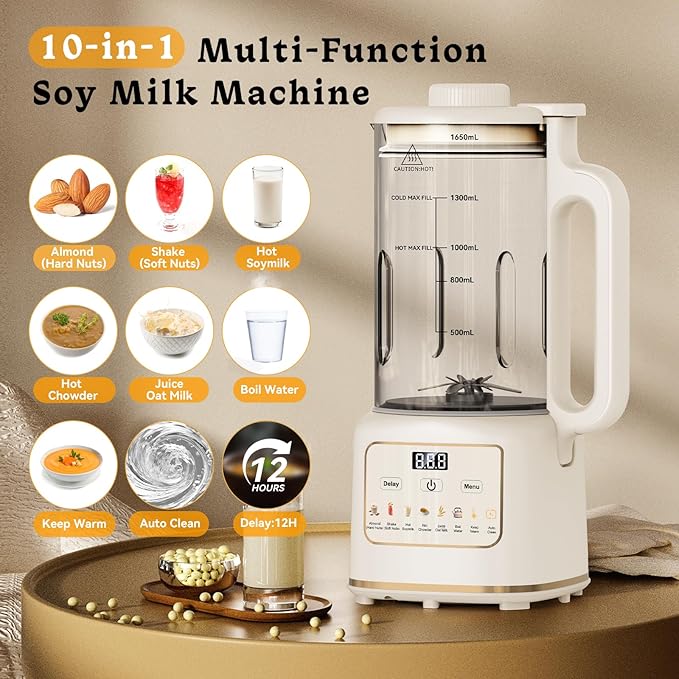 10 in 1 Nut Milk Maker Machine, 55oz Automatic Soy Milk Maker Blender, Homemade Soy Milk, Almond Milk, Oat Milk,Juice, Plant Based and Non Dairy Beverages (white)