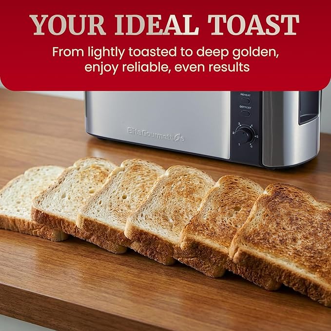 Elite Gourmet ECT3200 2-Slice, 1 Long Slot, Slim Toaster, Reheat, 6 Toast Settings, Defrost, Cancel Functions, Built-in Warming Rack, Extra Wide Slots for Bagels Waffles, Stainless Steel & Black