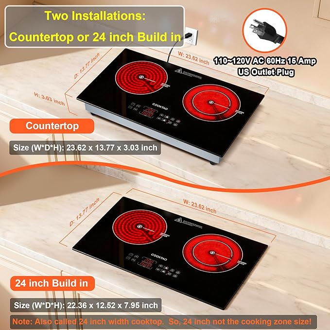 Dual Coils Design of Double Burner Electric Cooktop, 1800W Commercial Ceramic Infrared Cooking Hot Plate, Portable Countertop or 24in Built-in Radiant Stove Top Cooker with WATT n TEMP Heating Control