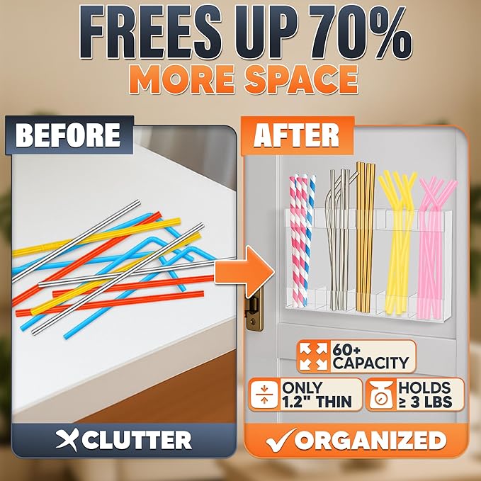 9.5" Large Acrylic Straw Holder for Cabinet Door with Stickers – Peel and Stick Straw Holder for Drawer, for Straws, Makeup Brushes, Kitchen Utensils – Includes Strong Adhesive Tape for Easy Mounting