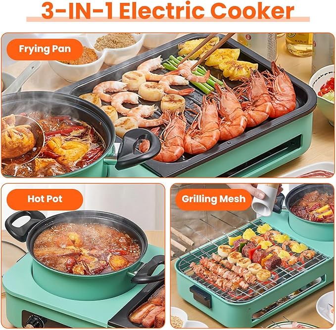 3 in 1 Electric Hot Pot with Grill Smokeless Non-Stick Pot and Griddle for Korean BBQ Grill Shabu Shabu Pot Divider Independent Dual Temperature Control for 3-5 People（1600W）