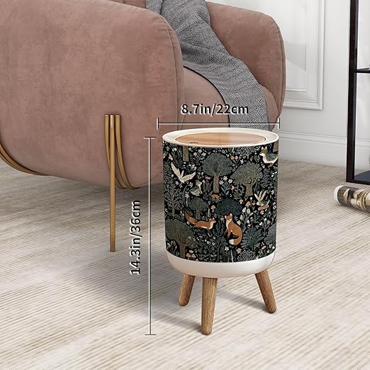 Trash Can with Lid Whimsical Woodland Foxes Birds Amidst Trees Flowers Press Top Round Small Garbage Bin with Wooden Legs Waste Basket for Kitchen Bedroom Nursery 7L/1.8 Gallon